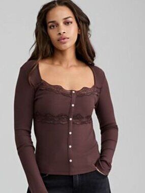 $34 And Now This Petite Knit Lace-Trim Henley Top Decadent Fudge Size PS